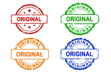 Obraz premium Original Stamps in Red, Green, Orange, and Blue with Grungy Texture on Transparent Background