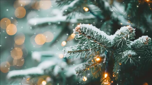 A beautifully decorated Christmas tree adorned with lights and ornaments, surrounded by snowy pine needles. A festive winter scene that represents the joy of the holiday season.