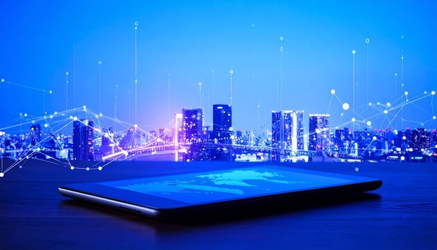 A tablet PC with a world map on its screen rests on a cityscape at night with illuminated skyscrapers along a river and a bridge