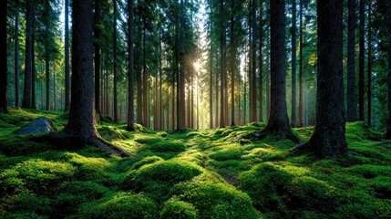 Obraz premium Sunlight streams through a dense forest floor covered in moss.