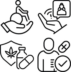 Four line art icons depicting medical cannabis, patient care, insurance, and health services with a checkmark.