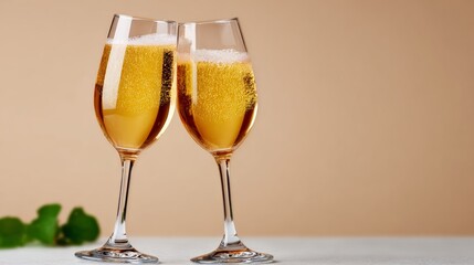 Two wine glasses filled with champagne are placed next to each other on a table. The glasses are filled to the brim with bubbles, giving the impression of a celebratory moment