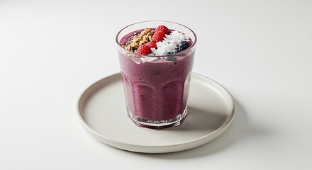 A glass of vibrant purple acai smoothie bowl, with visible toppings of granola, fresh berries, and coconut flakes, presented on a light, minimalist ceramic plate on a white background. 