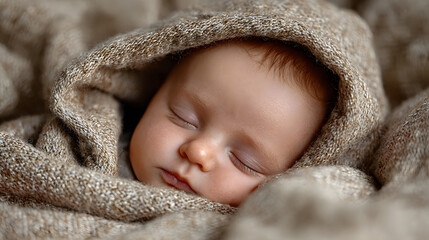Beautiful newborn baby rests soundly, wrapped in a cozy beige blanket, exuding innocence and peacefulness in soft, warm light