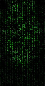 Green symbols flashing in a screen. Loop. 4K Vertical
