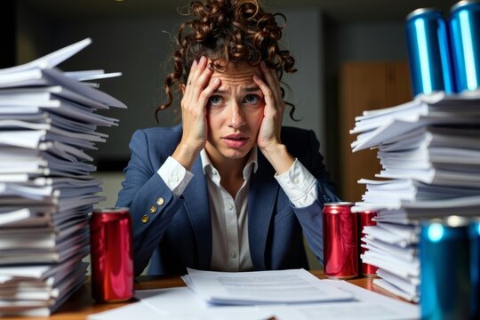 Exhausted Analyst Surrounded by Piles of Medical Coding Bills and Spreadsheets, Drowning in Paperwork and Empty Energy Drink Cans