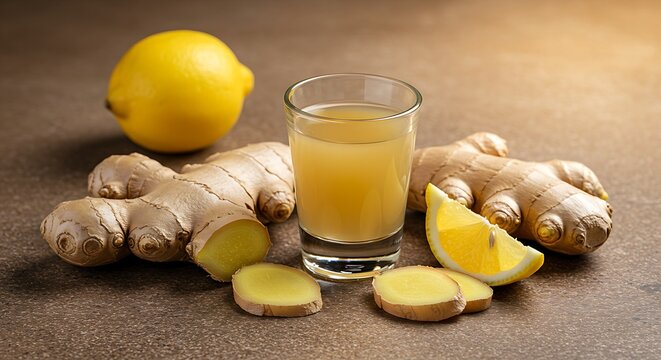 setup featuring a glass of homemade ginger shot, surrounded by fresh ginger root, lemon, and a shot glass, on a textured stone surface with warm, diffused lighting. 