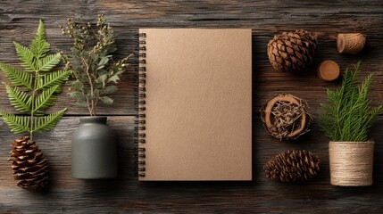 Natural notebook on rustic wood, surrounded by botanical elements