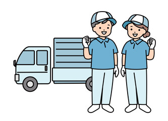 トラックと作業員の男女　配送　スタッフ　引越し