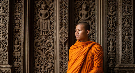 Obraz premium Young Buddhist monk in saffron robes stands before ornate temple doors, embodying peace and tradition in a sacred, historical setting.