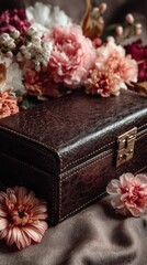 Decorative vintage box surrounded by colorful flowers on a soft surface in a cozy indoor setting