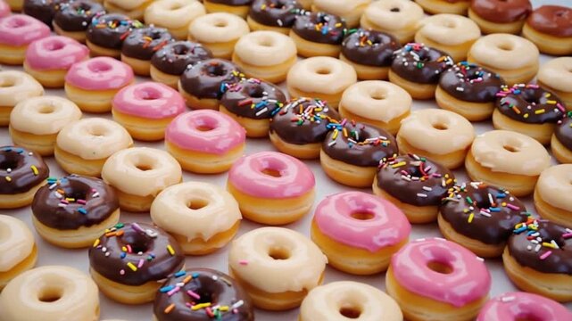 assorted donuts with colorful sprinkles in grid pattern on white background video
