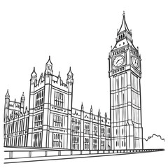 Fototapeta premium Hand-Drawn Big Ben Illustration, Detailed London Landmark Line Art with Transparent Background. Perfect for: New Year’s Eve, UK travel, London tourism