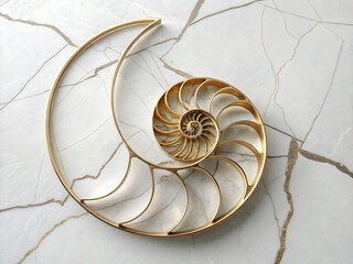 Obraz premium Golden nautilus shell spiral on white marble background