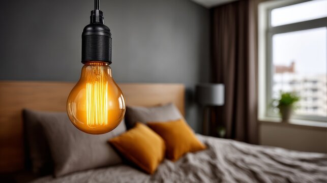 Bed with a lamp hanging from the ceiling. The lamp is a light bulb with a yellowish glow. The room is dimly lit, creating a cozy and intimate atmosphere