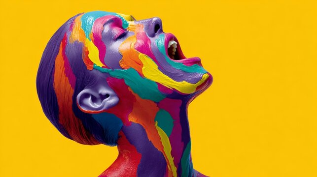 Woman with colorful paint on her face and neck is singing. The painting is vibrant and colorful, and the woman's expression is joyful and energetic. The painting conveys a sense of freedom