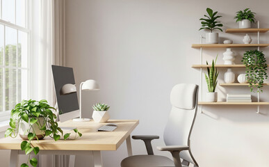 Home Office Setup With Indoor Plants On Desk And Shelves