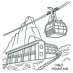 Hand-Drawn Table Mountain Cableway Station Illustration, Detailed Cape Town Landmark Line Art with Transparent Background. Perfect for: South Africa Freedom Day, Cape Town tourism