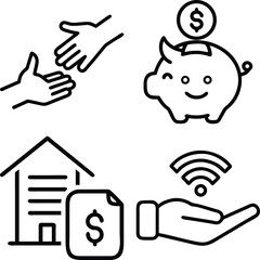 A set of four simple line-art icons depicting financial concepts like handshakes, a piggy bank, a house with a dollar sign, and a hand holding a Wi-Fi signal.