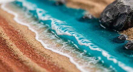 Miniature Beach Scene with Turquoise Water Gently Washing Over Sandy Shoreline and Dark Rocks  Macro Photography