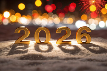 Golden 2026 Numerals on Snowy Surface with Bokeh Lights in Background Symbolizing New Year's Anticipation and Joy