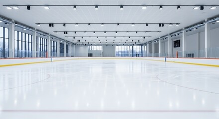 Modern Indoor Ice Skating Rink Interior with Bright Lighting and Large Windows for Recreational Activities and Sports Training