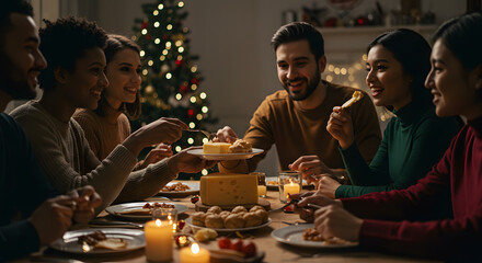 holidays, party and celebration concept - multiethnic group of happy friends having christmas dinner at home