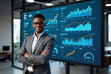 Young African Business Advisor Stands Confidently Before Digital Screen of KPIs