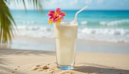 A glass of pure coconut water with a straw, garnished with a tropical flower, on a sandy beach background with blurred ocean waves. 