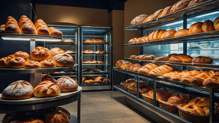 Bakery shelves with fresh bread loaves, warm and golden for daily sales