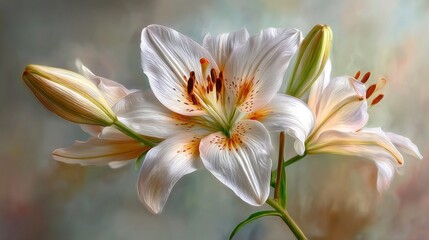 Fototapeta premium Graceful white lily blossoms with orange specks against a soft backdrop