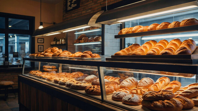 Bread and croissants in bakery showcase, warm and fresh from morning baking