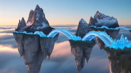 Floating mountain peaks connected by glowing crystal bridges