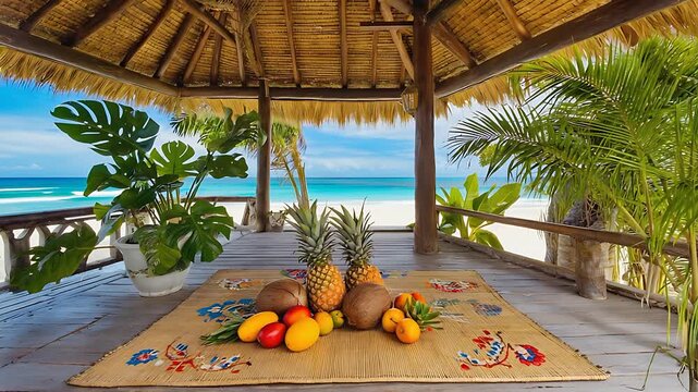 Fresh Tropical Fruits on a Mat in a Beach Hut with Stunning Ocean View