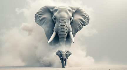 a majestic and surreal depiction of two elephants emerging from, swirling clouds of a pale, dusty substance, giving it a dreamlike quality