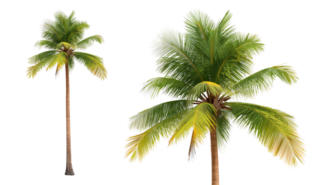 Tropical coconut trees with lush green fronds isolated on a black background for design versatility