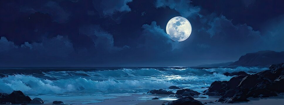 Moonlight washes over a restless ocean shore