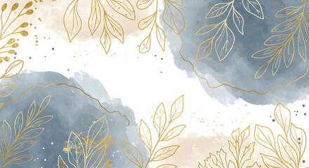 Winter background vector. Hand painted watercolor and gold brush texture, Flower and botanical leaves hand drawing. Abstract art design for wallpaper, wall arts, cover, wedding and invite card.