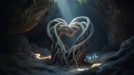 Glowing heart-shaped tree roots underground in ultra detail