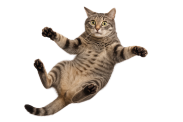Funny image of a tabby cat falling through the air isolated PNG with Transparent Background