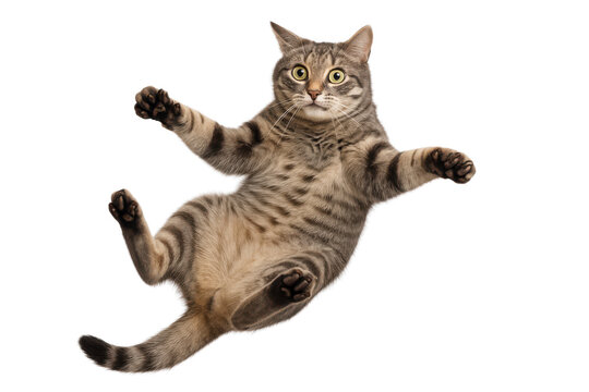 Funny image of a tabby cat falling through the air isolated PNG with Transparent Background