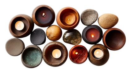 Cluster of tea light candles in varied natural holders isolated on transparent background
