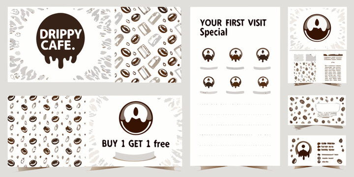 Drippy cafe branding and promotional materials with coffee bean motifs