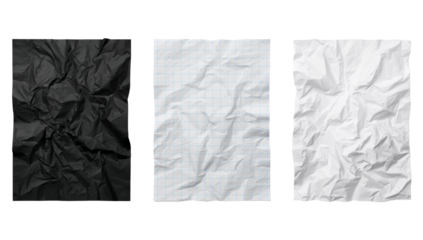 Three crumpled sheets of paper in different colors: black, grid, and plain white on a black
