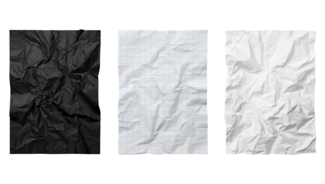 Three crumpled sheets of paper in different colors: black, grid, and plain white on a black