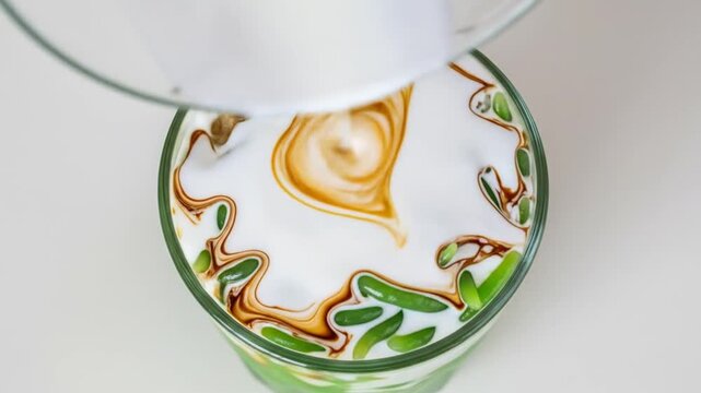 Pouring creamy coconut milk into a glass of traditional iced cendol dessert with palm sugar