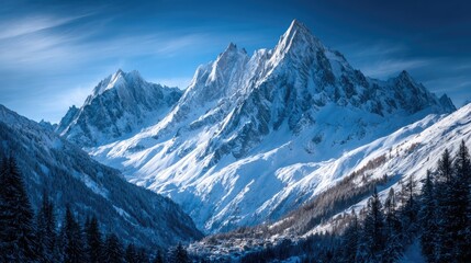 Snowy mountain peaks rise above a valley.