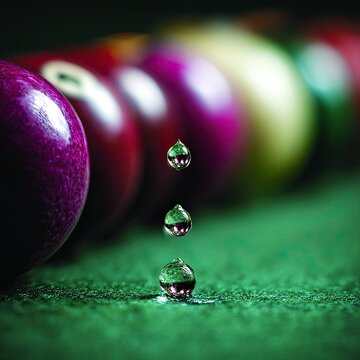 Water droplets cascade on pool table, reflecting billiard balls