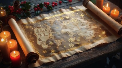 Old map scrolls on rustic wooden table