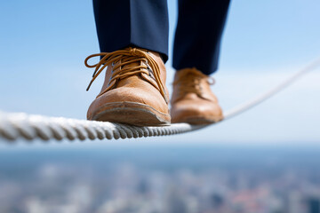Close up, Businessman walking on a narrow walkway suspended in mid-air, concept of calculated risk and courage in business